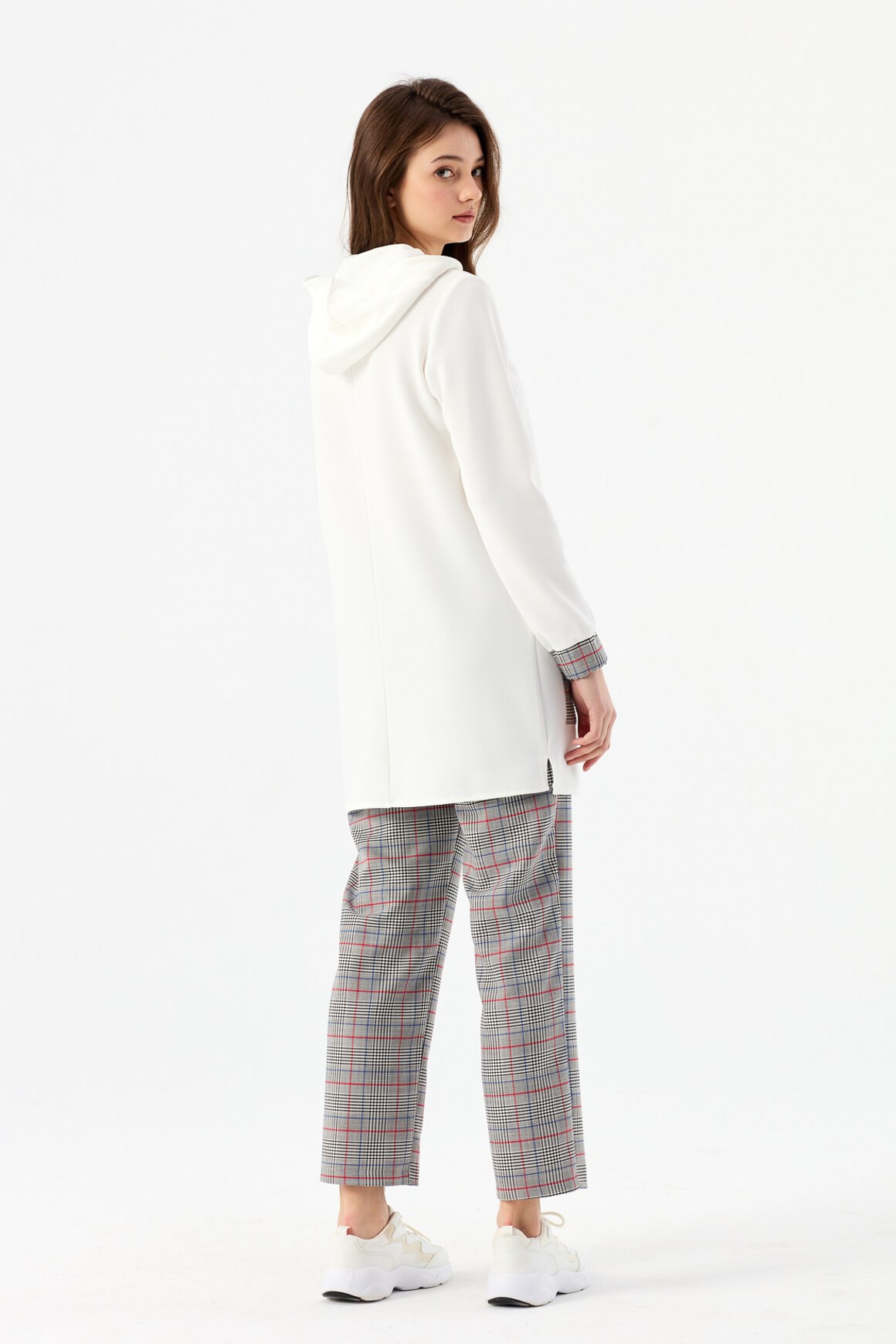 Ekose Garnili Kapişonlu Spor Tunik  Krem