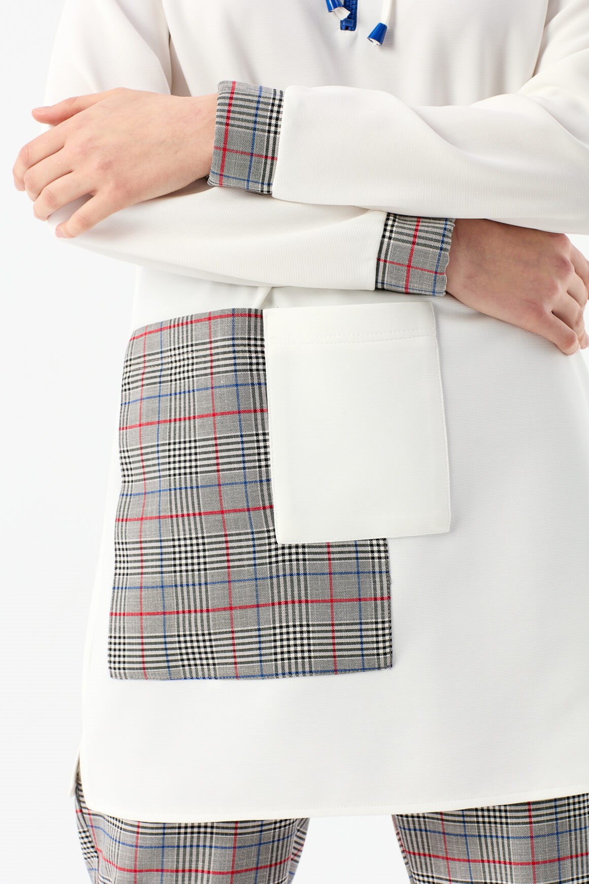 Ekose Garnili Kapişonlu Spor Tunik  Krem