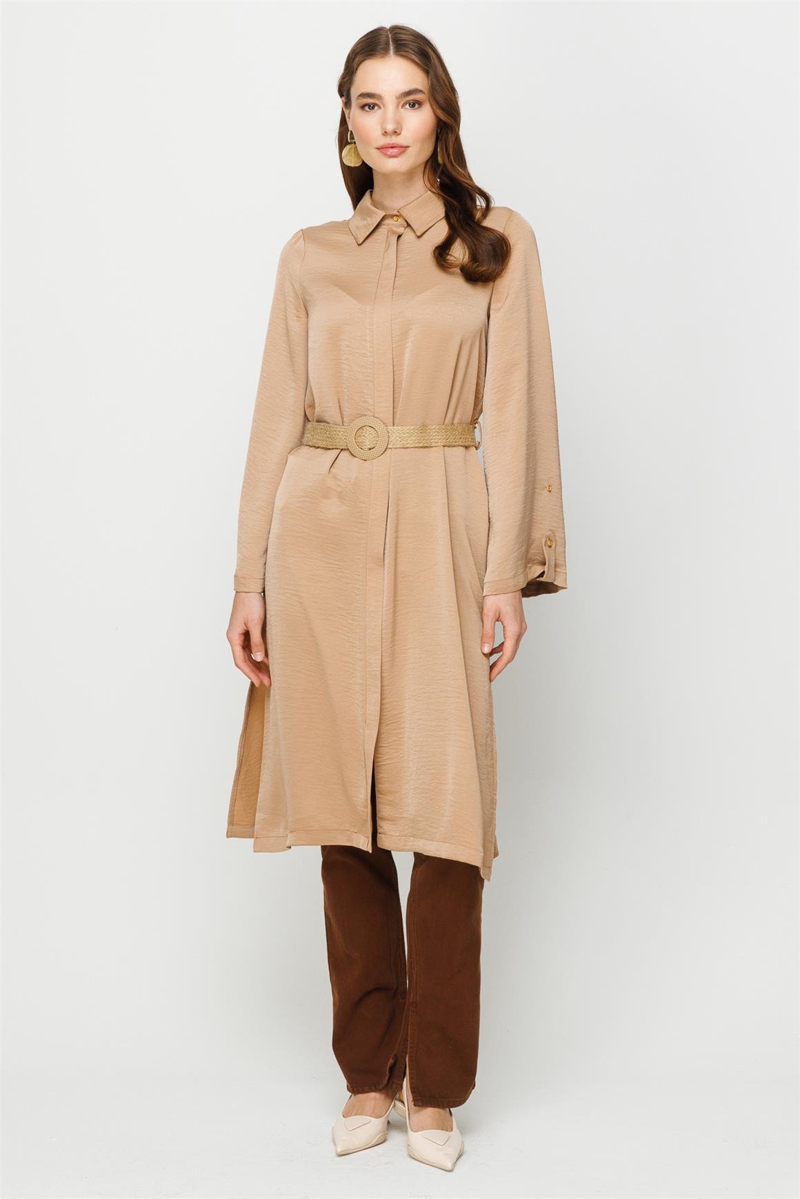 Fermuar Kapamalı Hasır Kemerli Kurtarıcı Tunik  Vizon