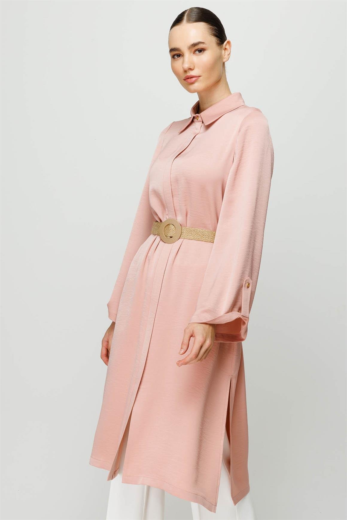Fermuar Kapamalı Hasır Kemerli Kurtarıcı Tunik  Pudra