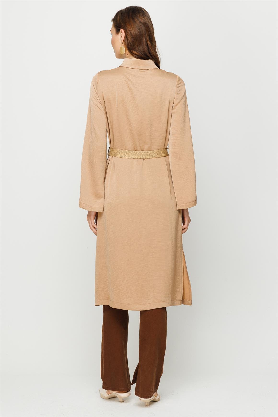 Fermuar Kapamalı Hasır Kemerli Kurtarıcı Tunik  Vizon