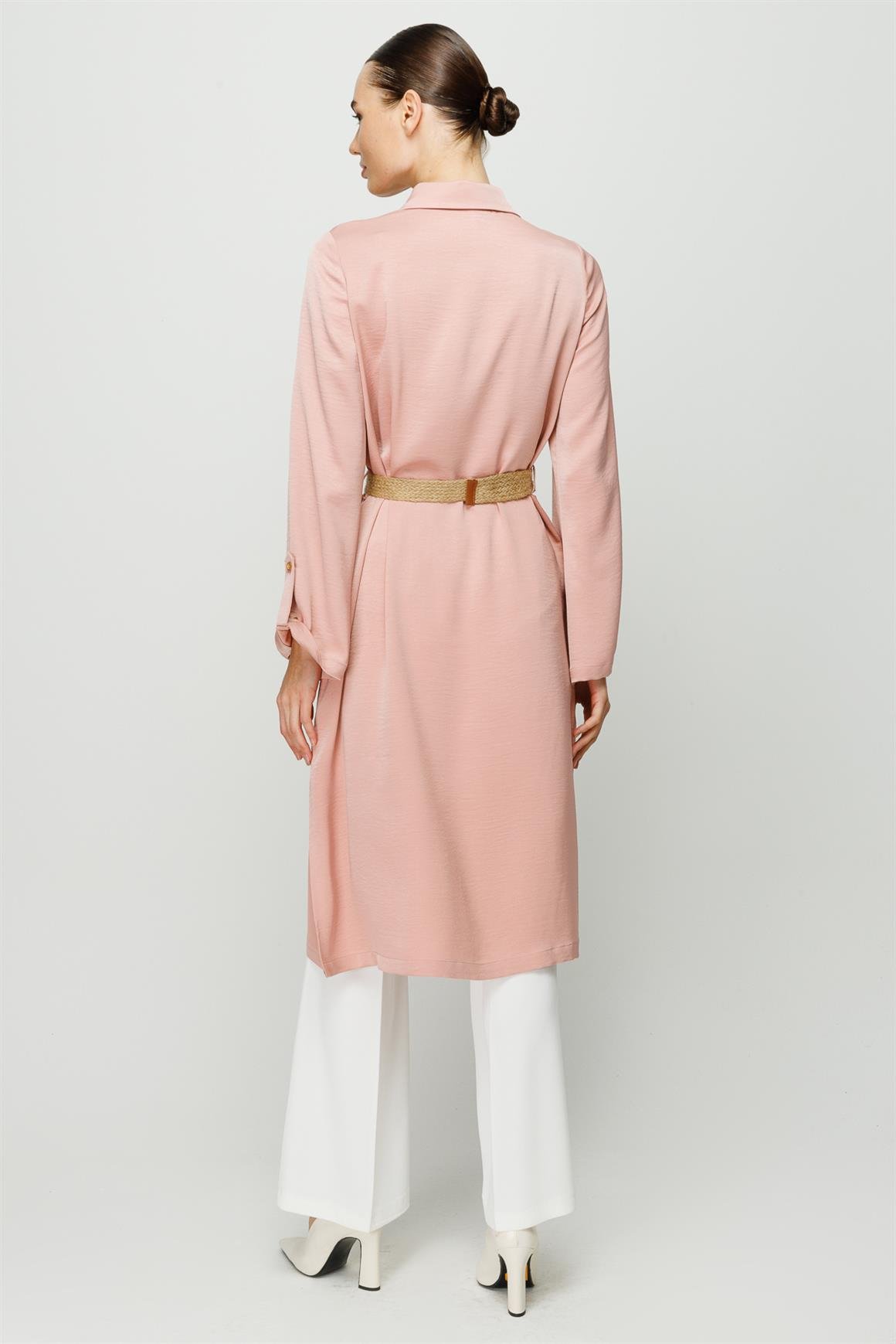 Fermuar Kapamalı Hasır Kemerli Kurtarıcı Tunik  Pudra