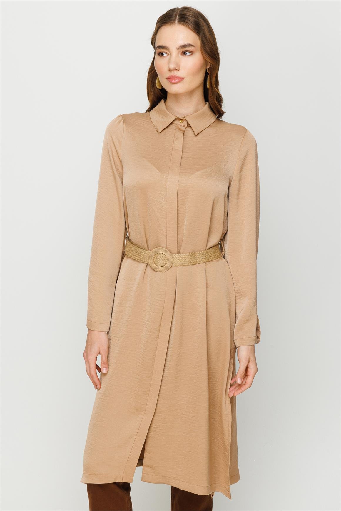 Fermuar Kapamalı Hasır Kemerli Kurtarıcı Tunik  Vizon