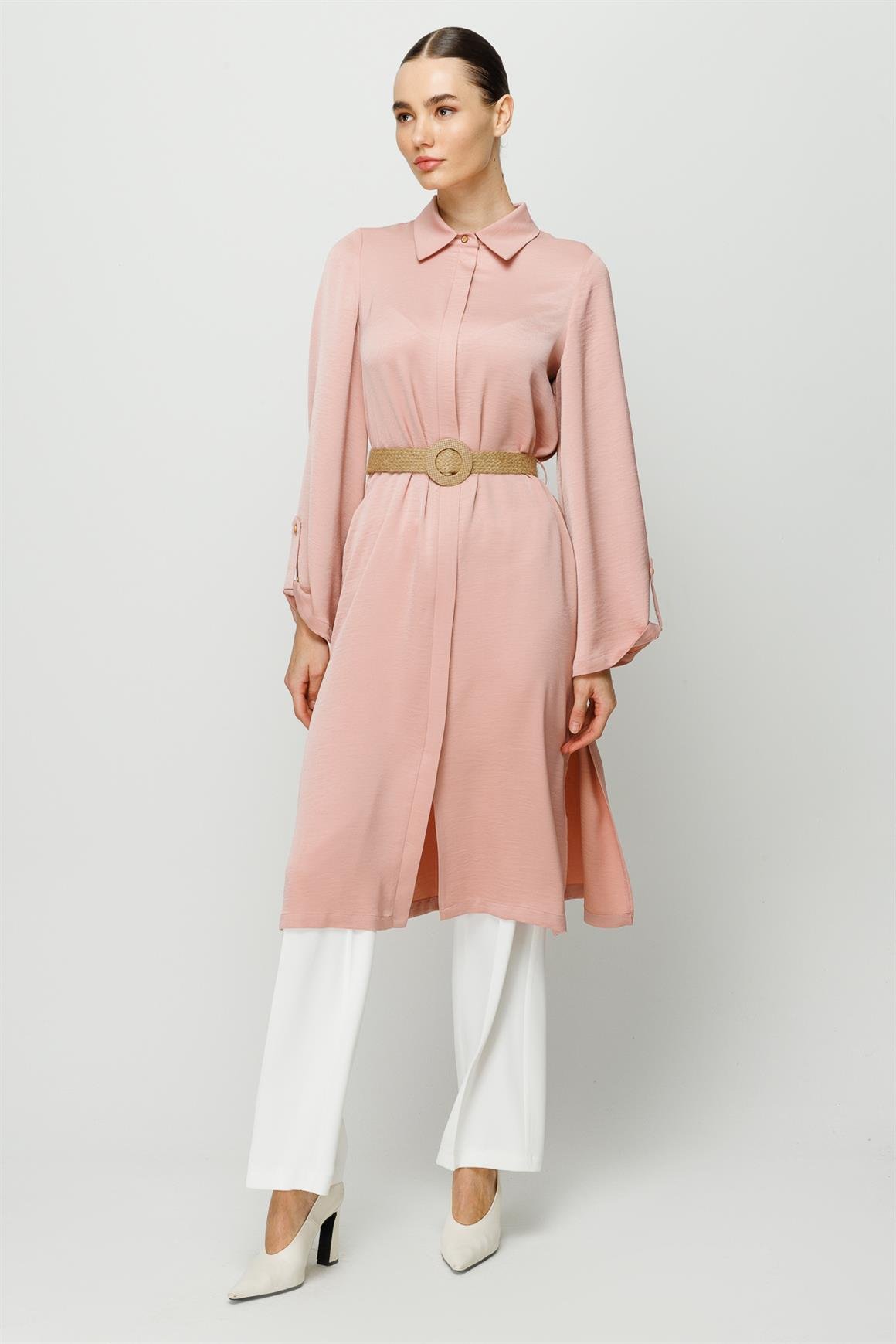 Fermuar Kapamalı Hasır Kemerli Kurtarıcı Tunik  Pudra