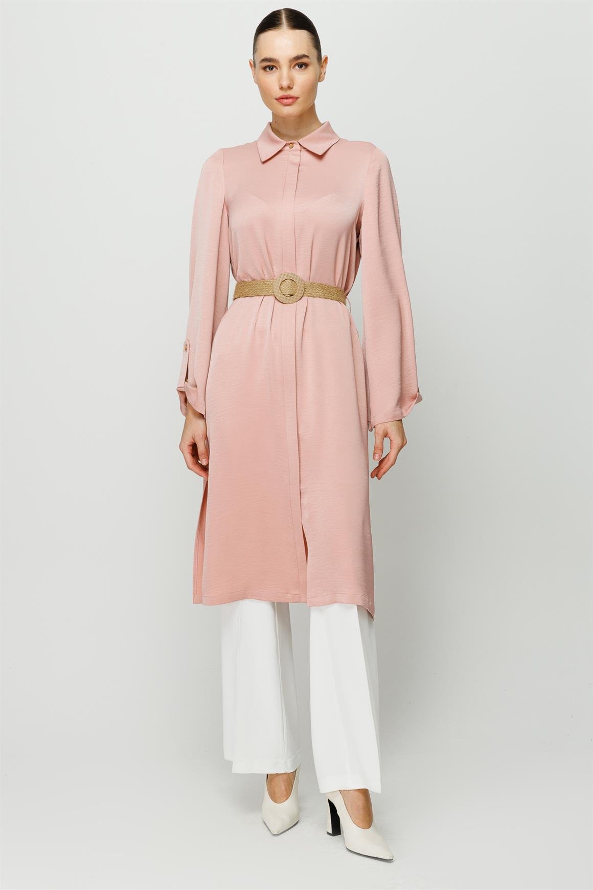 Fermuar Kapamalı Hasır Kemerli Kurtarıcı Tunik  Pudra