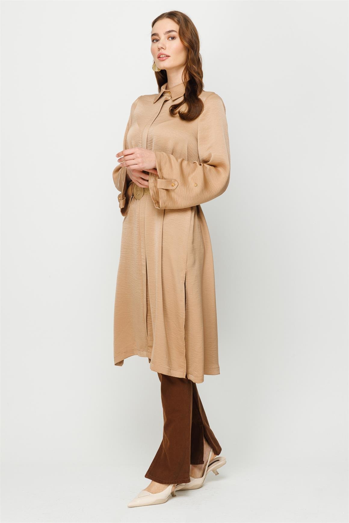 Fermuar Kapamalı Hasır Kemerli Kurtarıcı Tunik  Vizon