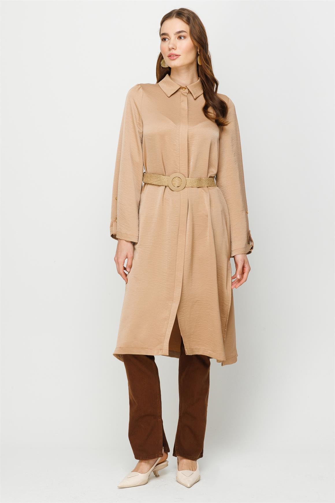 Fermuar Kapamalı Hasır Kemerli Kurtarıcı Tunik  Vizon