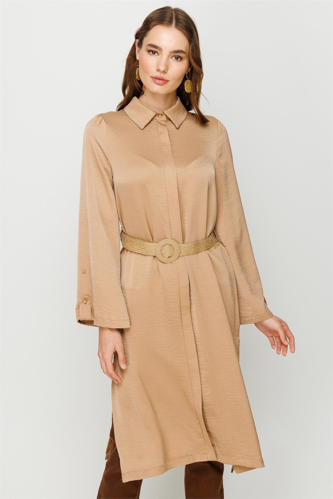 Fermuar Kapamalı Hasır Kemerli Kurtarıcı Tunik  Vizon