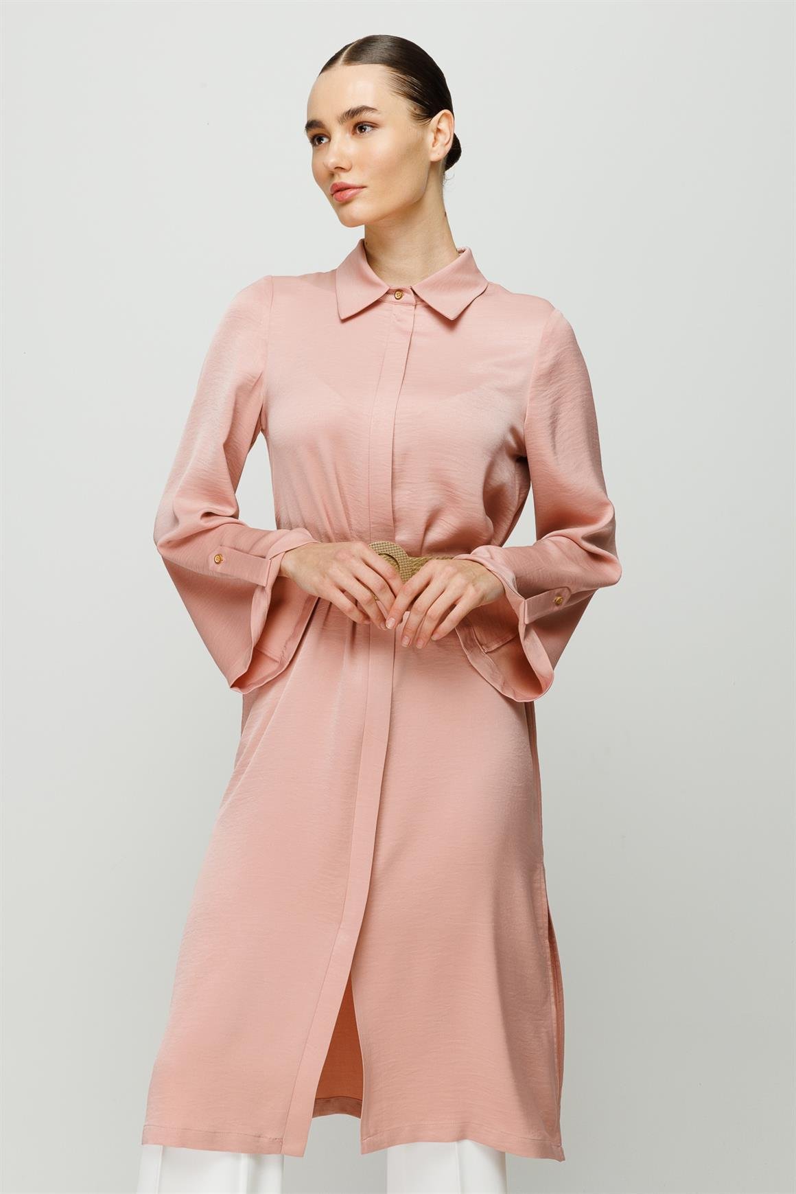 Fermuar Kapamalı Hasır Kemerli Kurtarıcı Tunik  Pudra