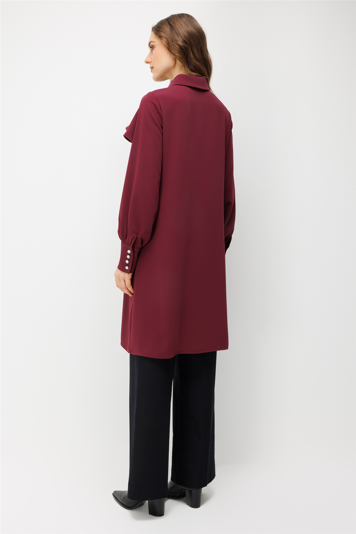 Fularlı Broş Detaylı Tunik  Bordo