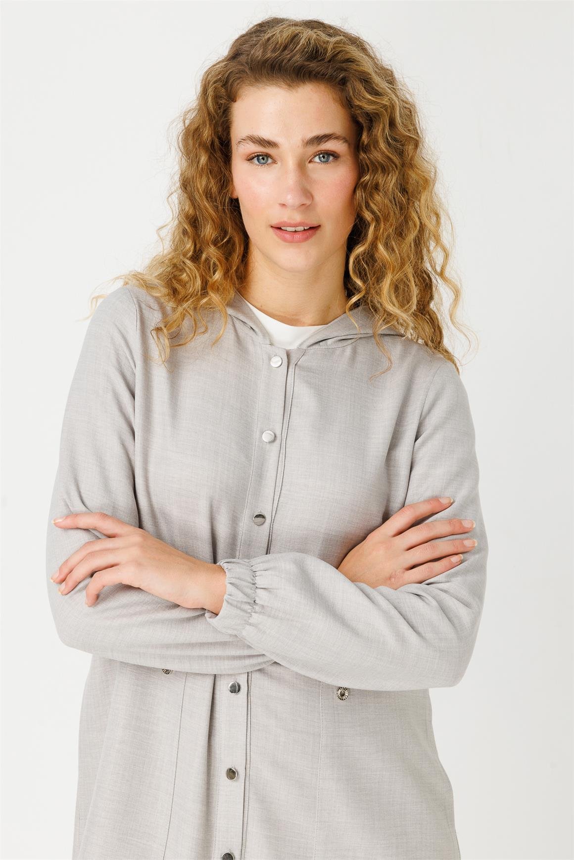 İri Cepli Kapişon Detaylı Kurtarıcı Giy Çık Tunik  Gri