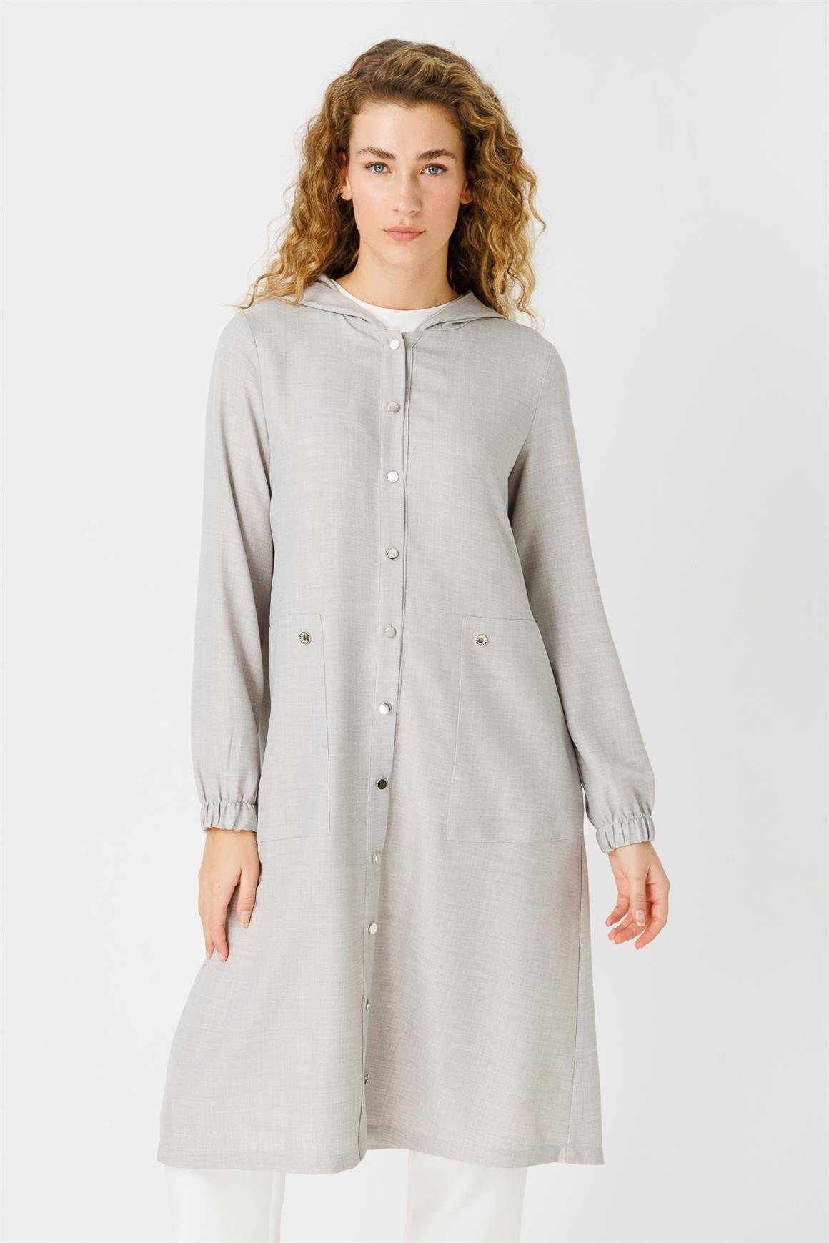 İri Cepli Kapişon Detaylı Kurtarıcı Giy Çık Tunik  Gri