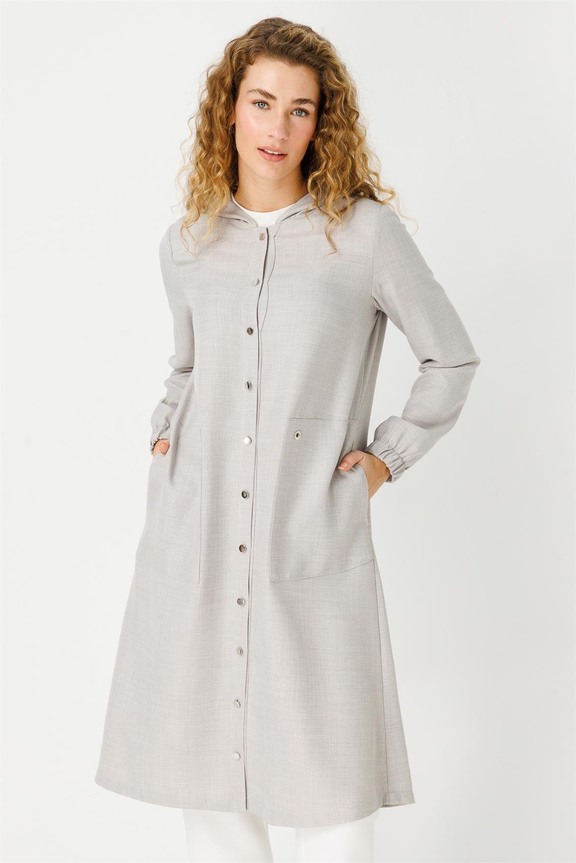 İri Cepli Kapişon Detaylı Kurtarıcı Giy Çık Tunik  Gri