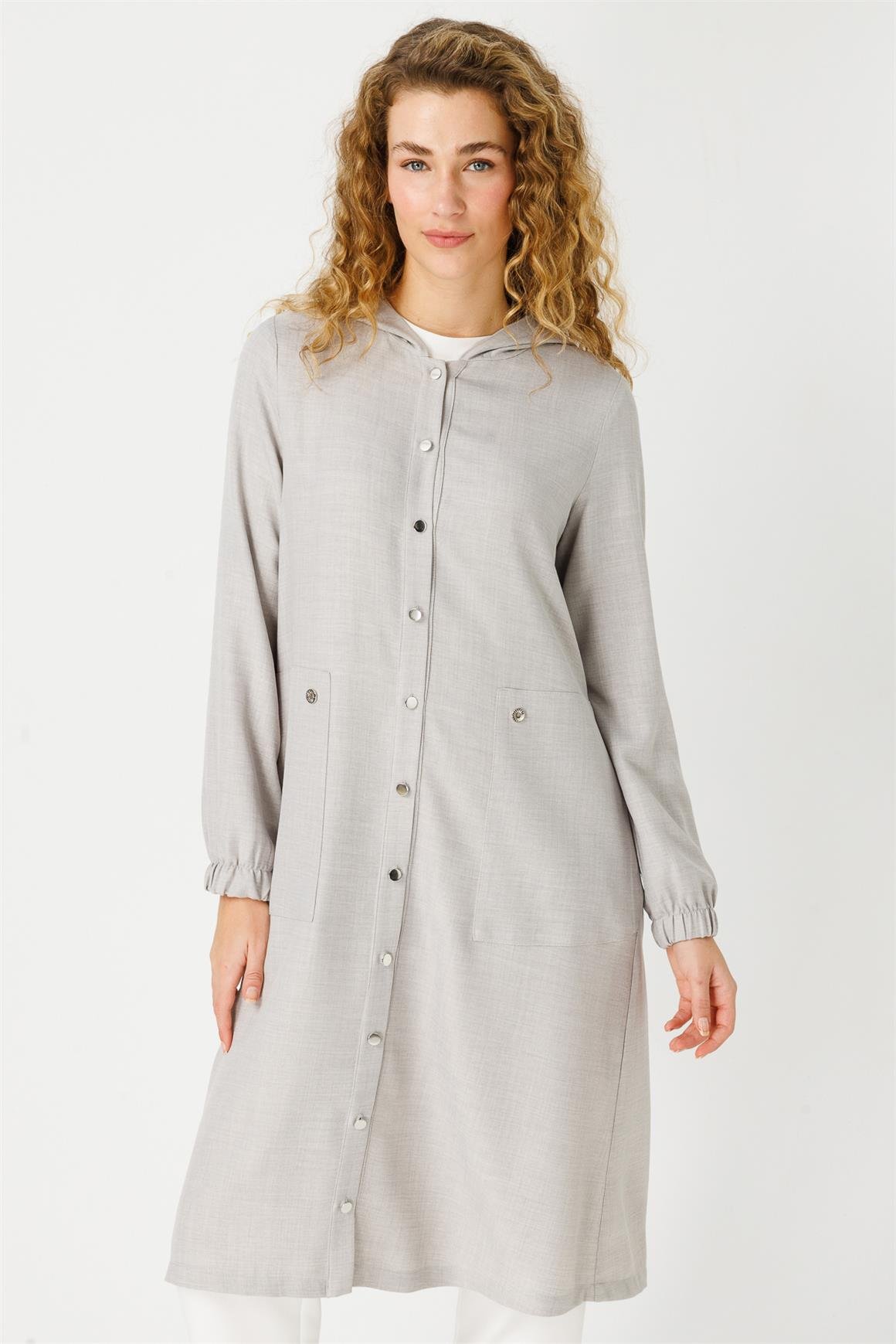 İri Cepli Kapişon Detaylı Kurtarıcı Giy Çık Tunik  Gri