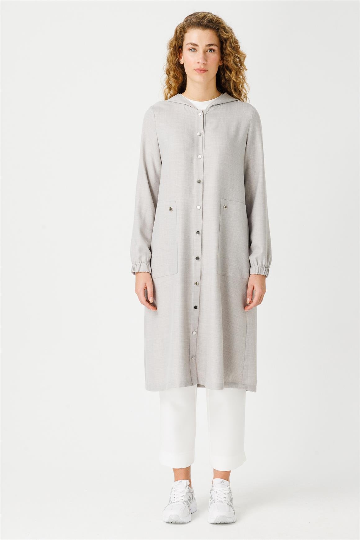 İri Cepli Kapişon Detaylı Kurtarıcı Giy Çık Tunik  Gri