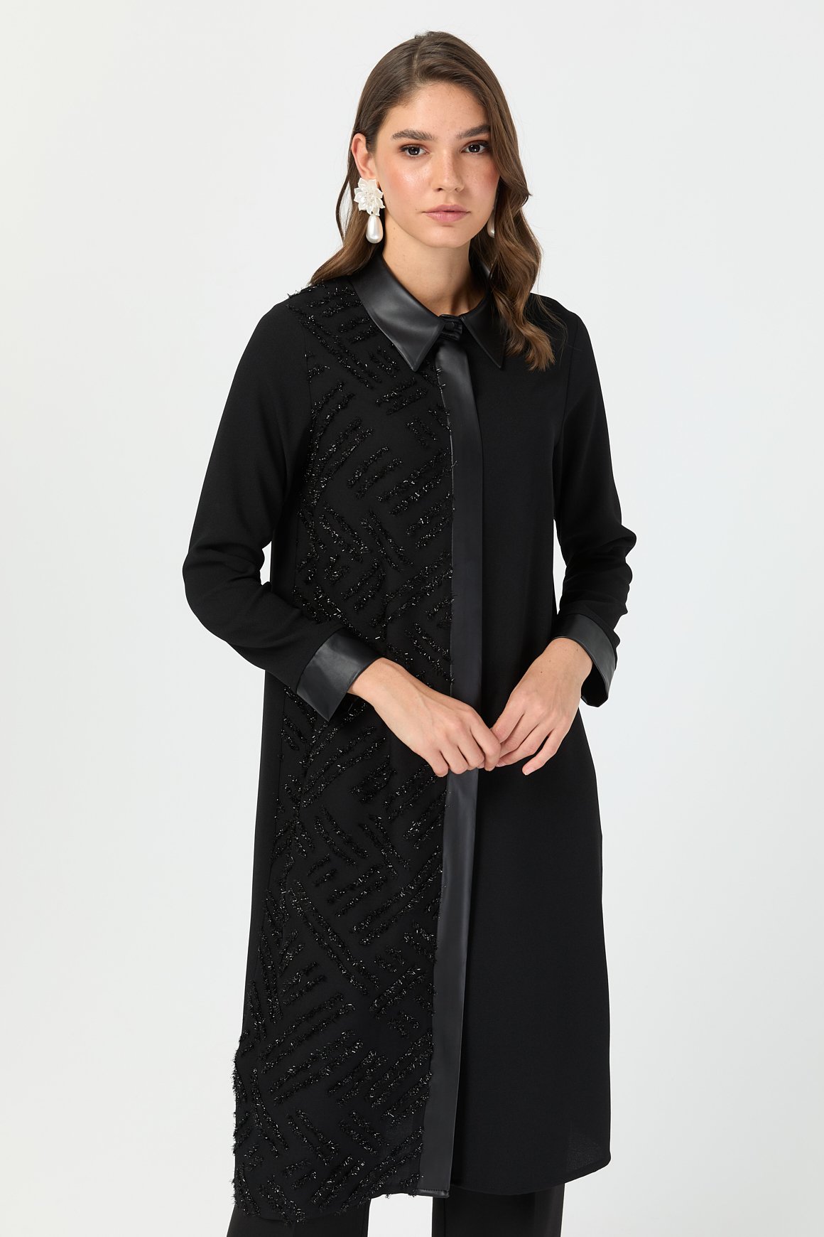Işıltı Garnili Uzun Tunik  Siyah