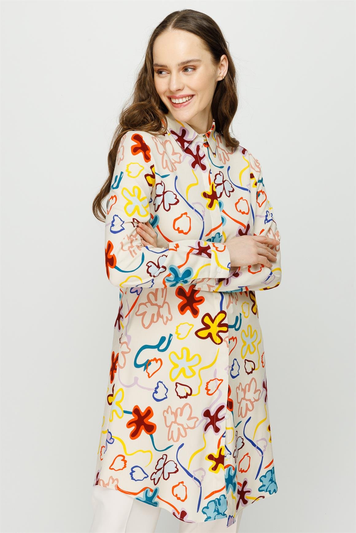 Karışık Desenli Tunik  Ekru