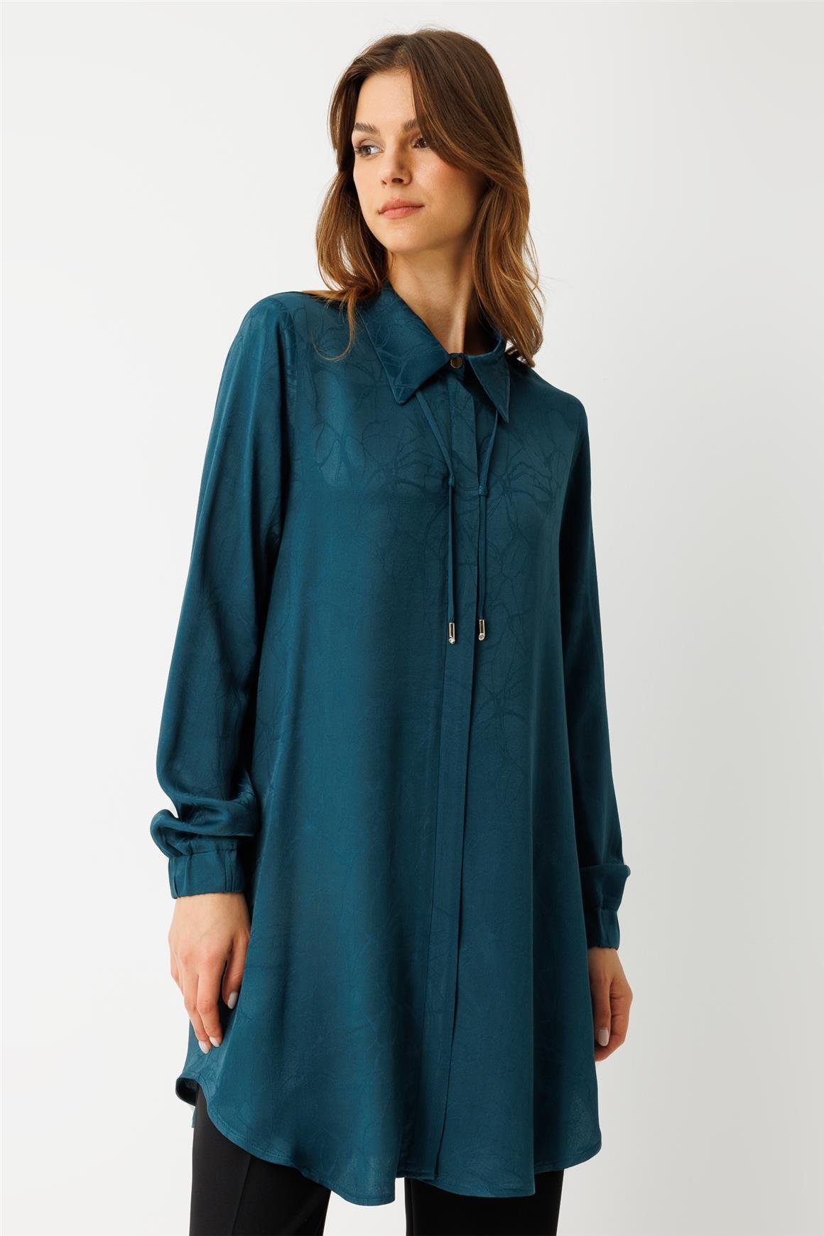 Kendinden Desenli Bağcık Detaylı Tunik  Petrol