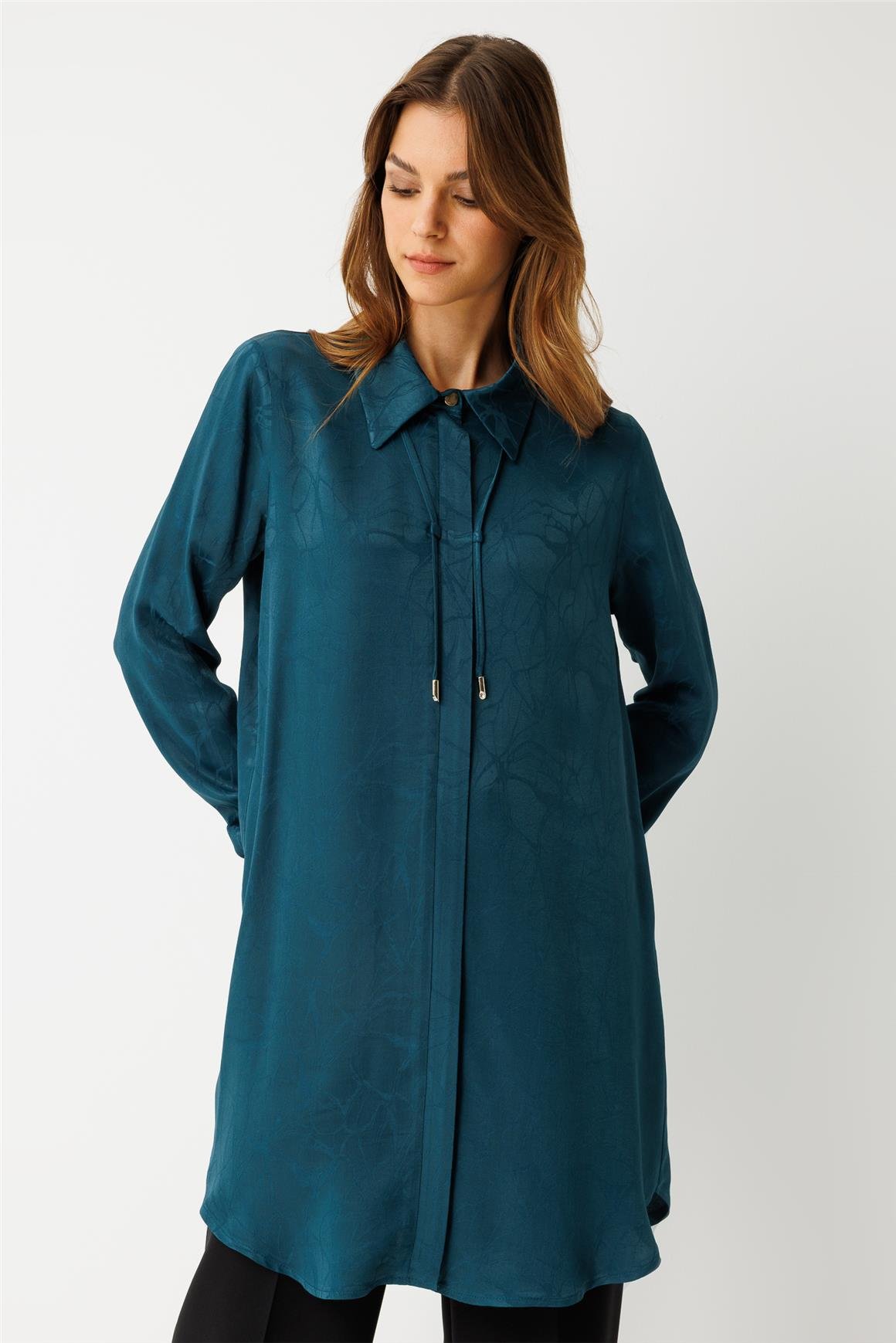 Kendinden Desenli Bağcık Detaylı Tunik  Petrol