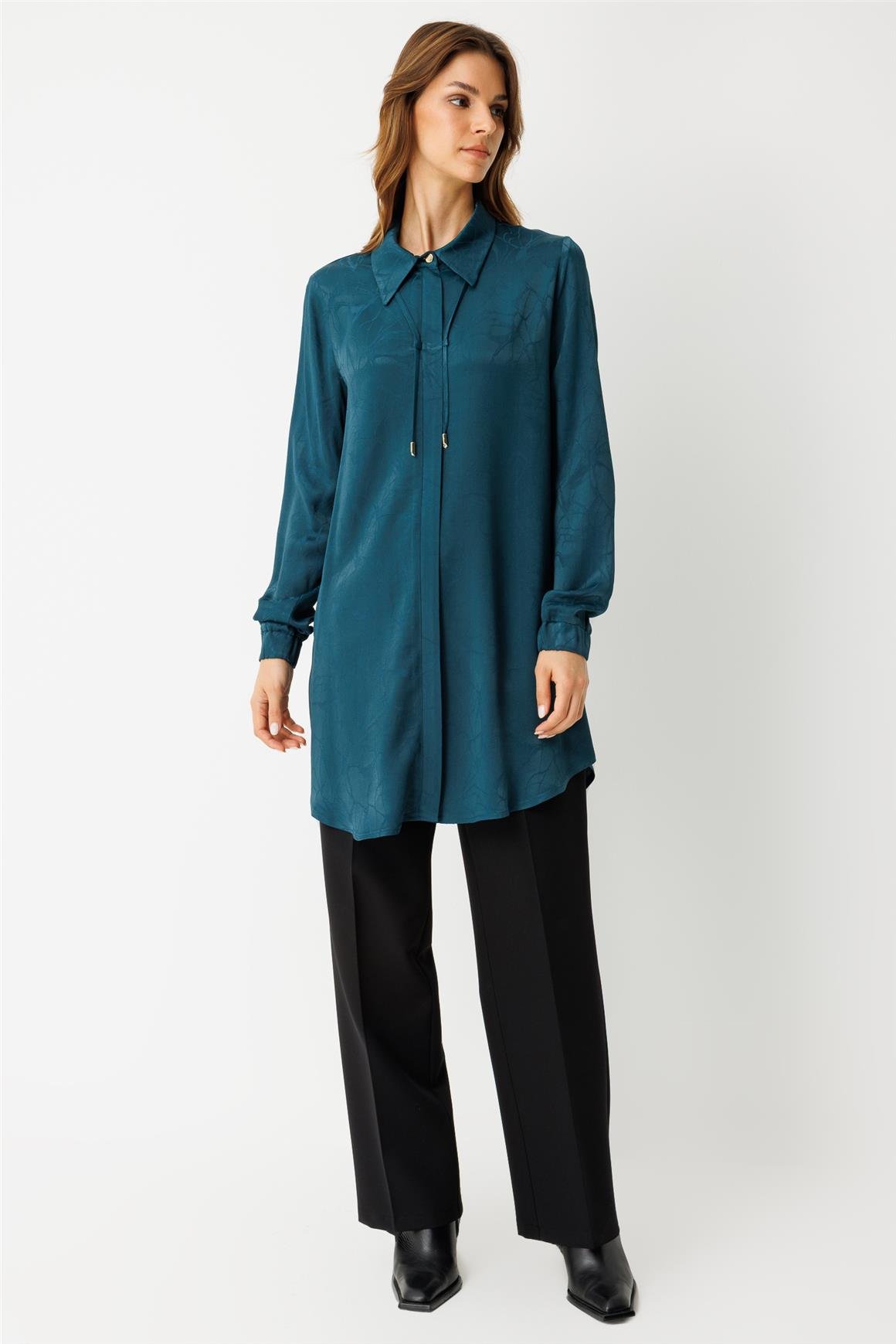 Kendinden Desenli Bağcık Detaylı Tunik  Petrol