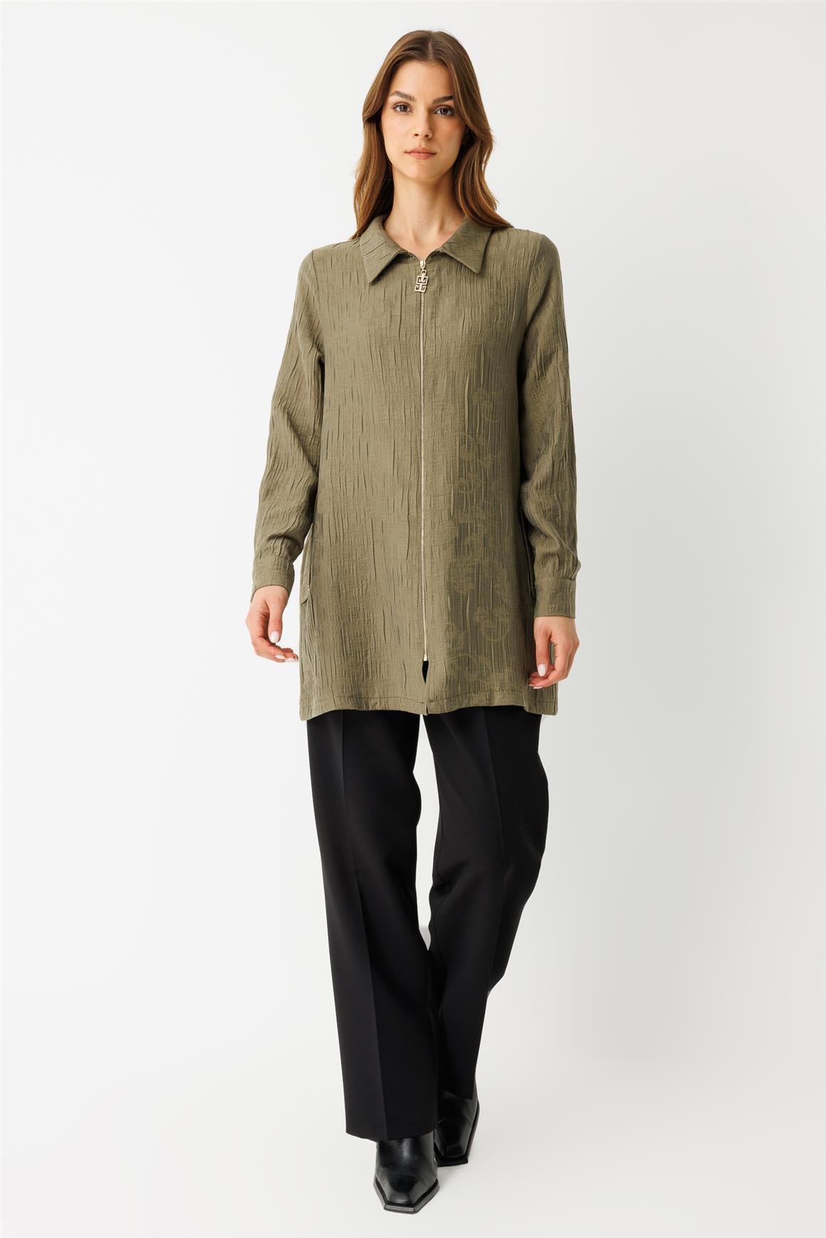 Kendinden Desenli Fermuar Kapamalı Tunik  Haki