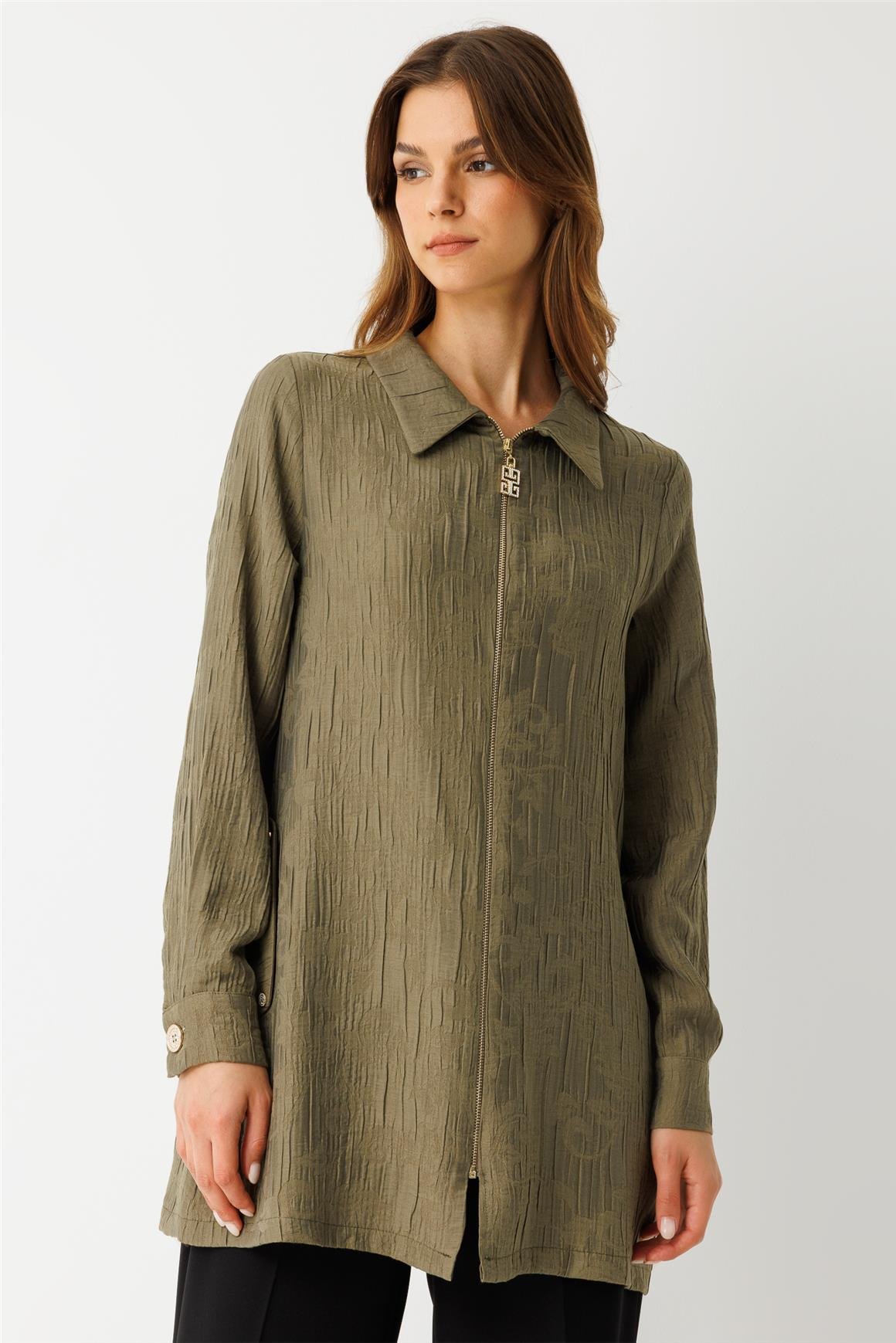 Kendinden Desenli Fermuar Kapamalı Tunik  Haki