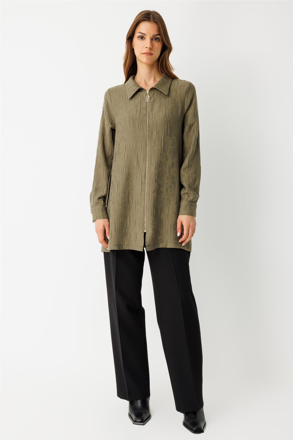 Kendinden Desenli Fermuar Kapamalı Tunik  Haki