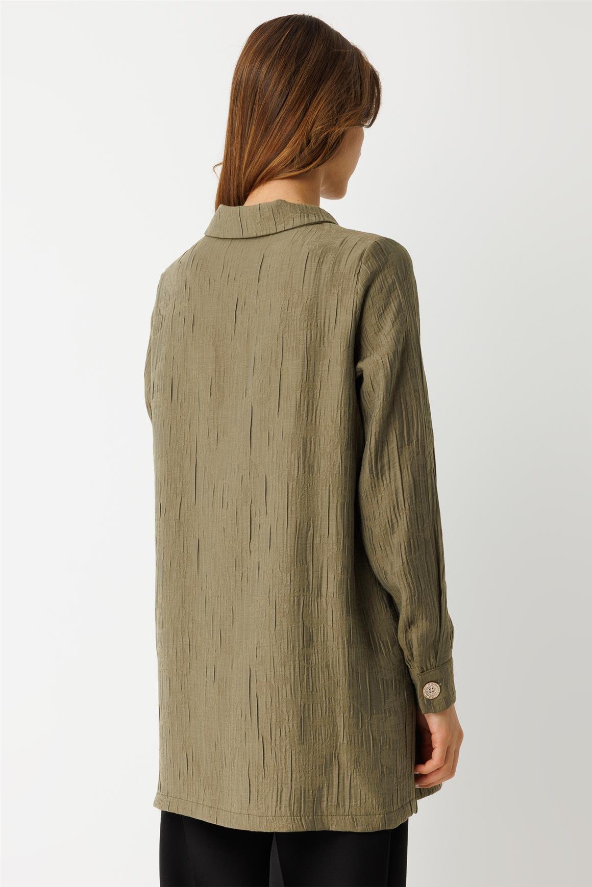 Kendinden Desenli Fermuar Kapamalı Tunik  Haki