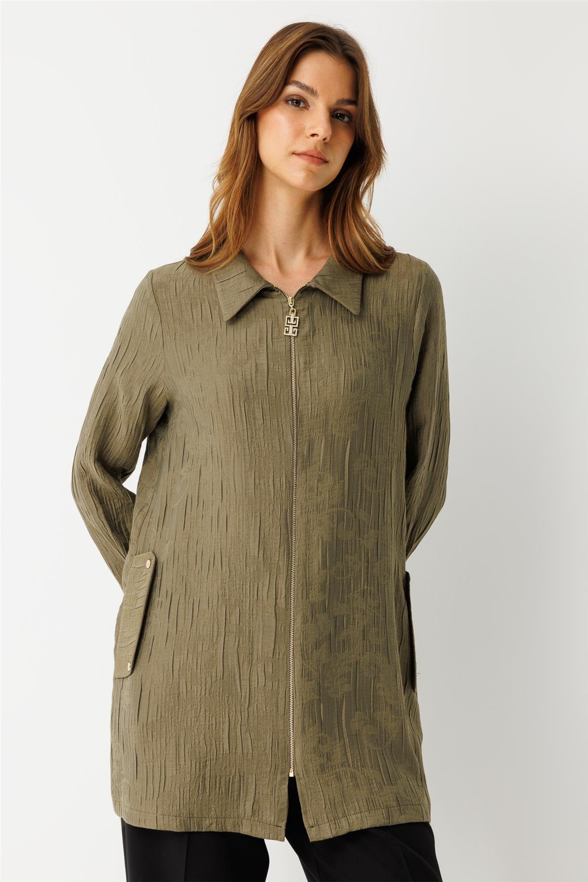 Kendinden Desenli Fermuar Kapamalı Tunik  Haki