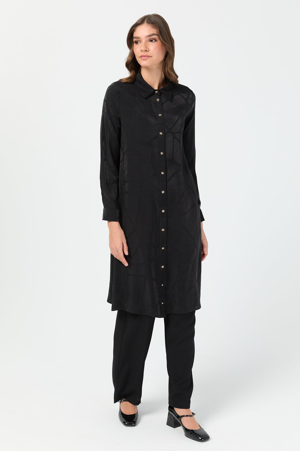 Kendinden Desenli Şık Tunik  Siyah