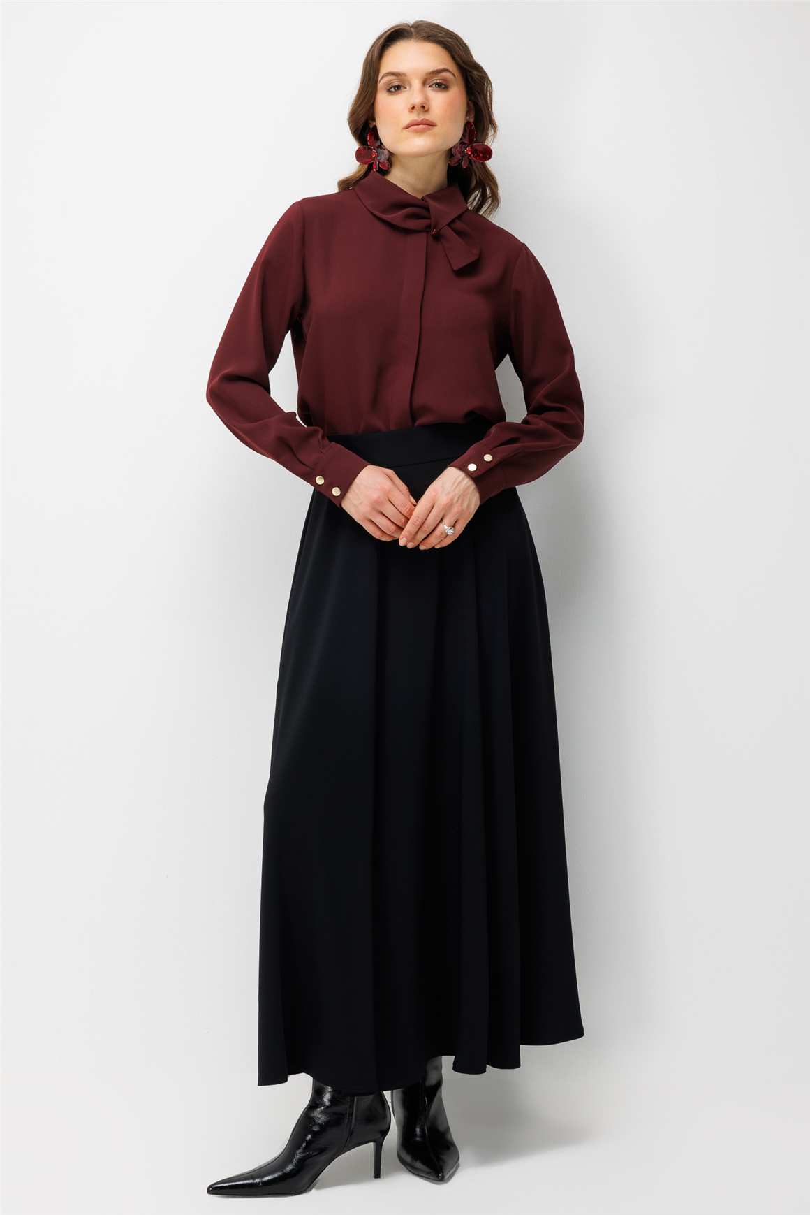 Kendinden Fular Detaylı Tunik  Bordo
