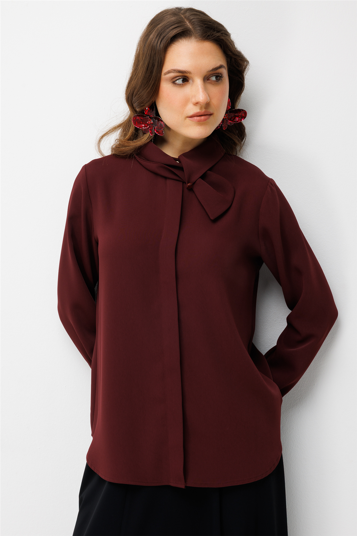 Kendinden Fular Detaylı Tunik  Bordo