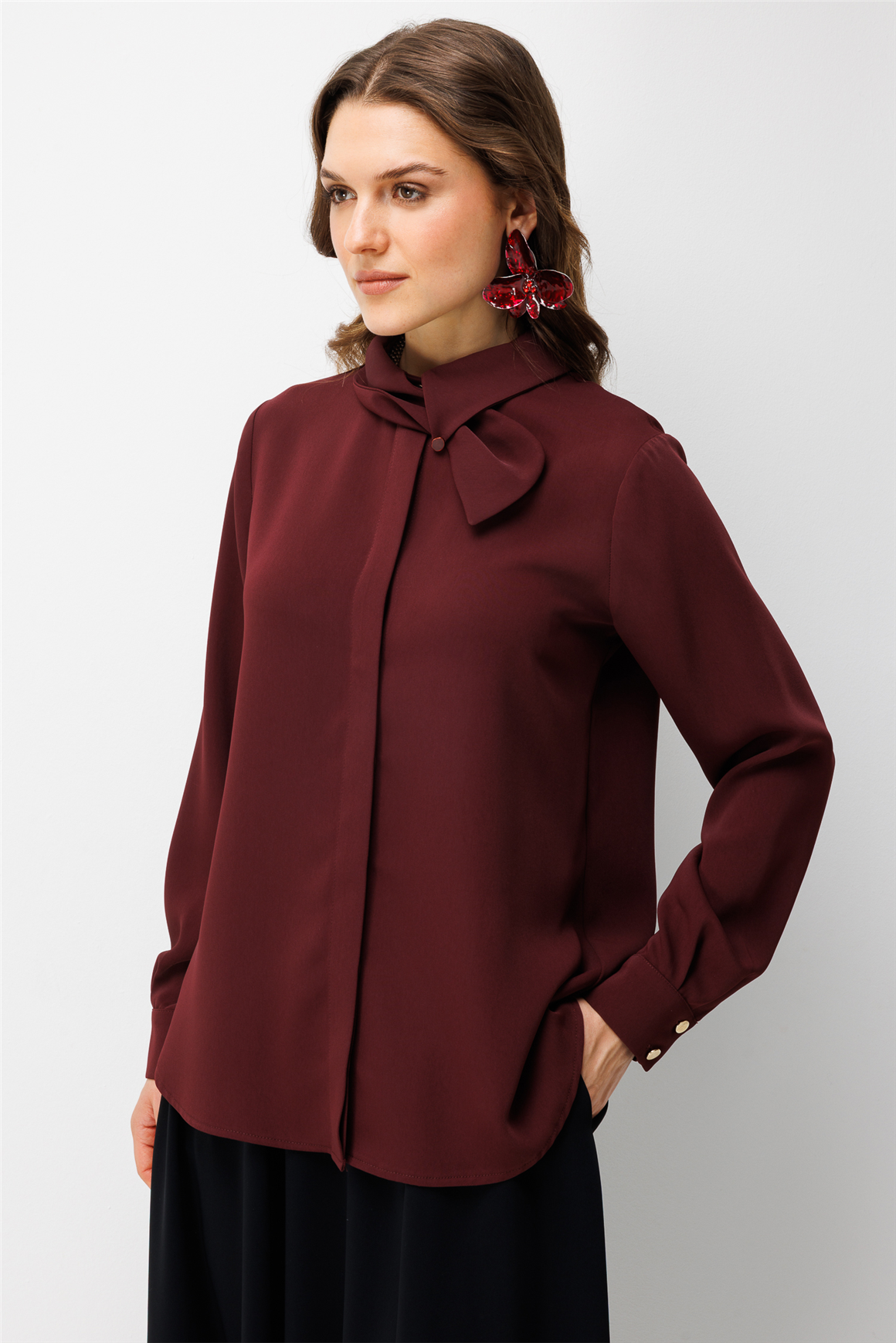 Kendinden Fular Detaylı Tunik  Bordo