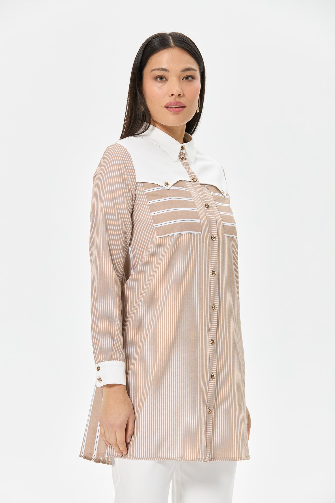 Kombin Detaylı Çizgili Tunik  Vizon