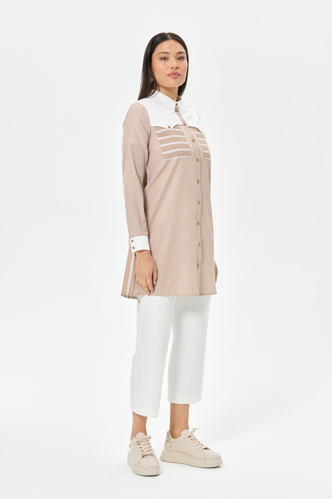 Kombin Detaylı Çizgili Tunik  Vizon