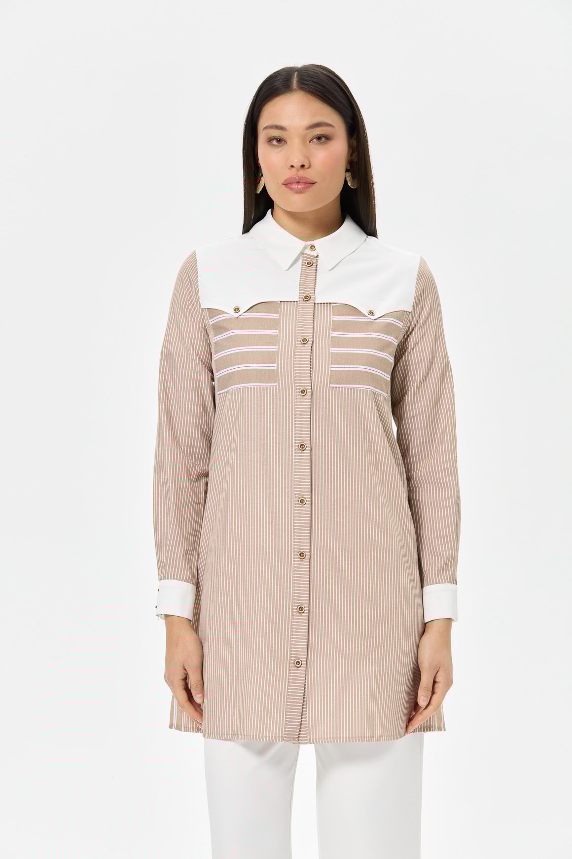 Kombin Detaylı Çizgili Tunik  Vizon