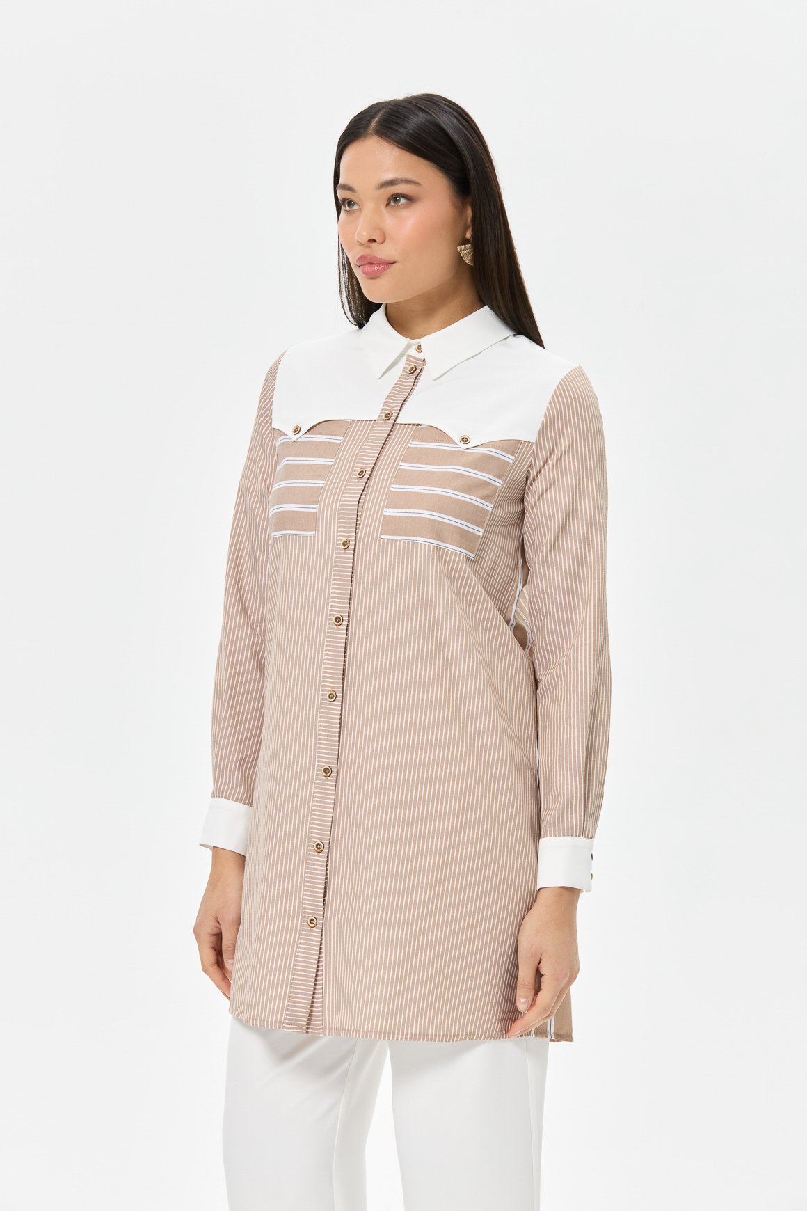 Kombin Detaylı Çizgili Tunik  Vizon