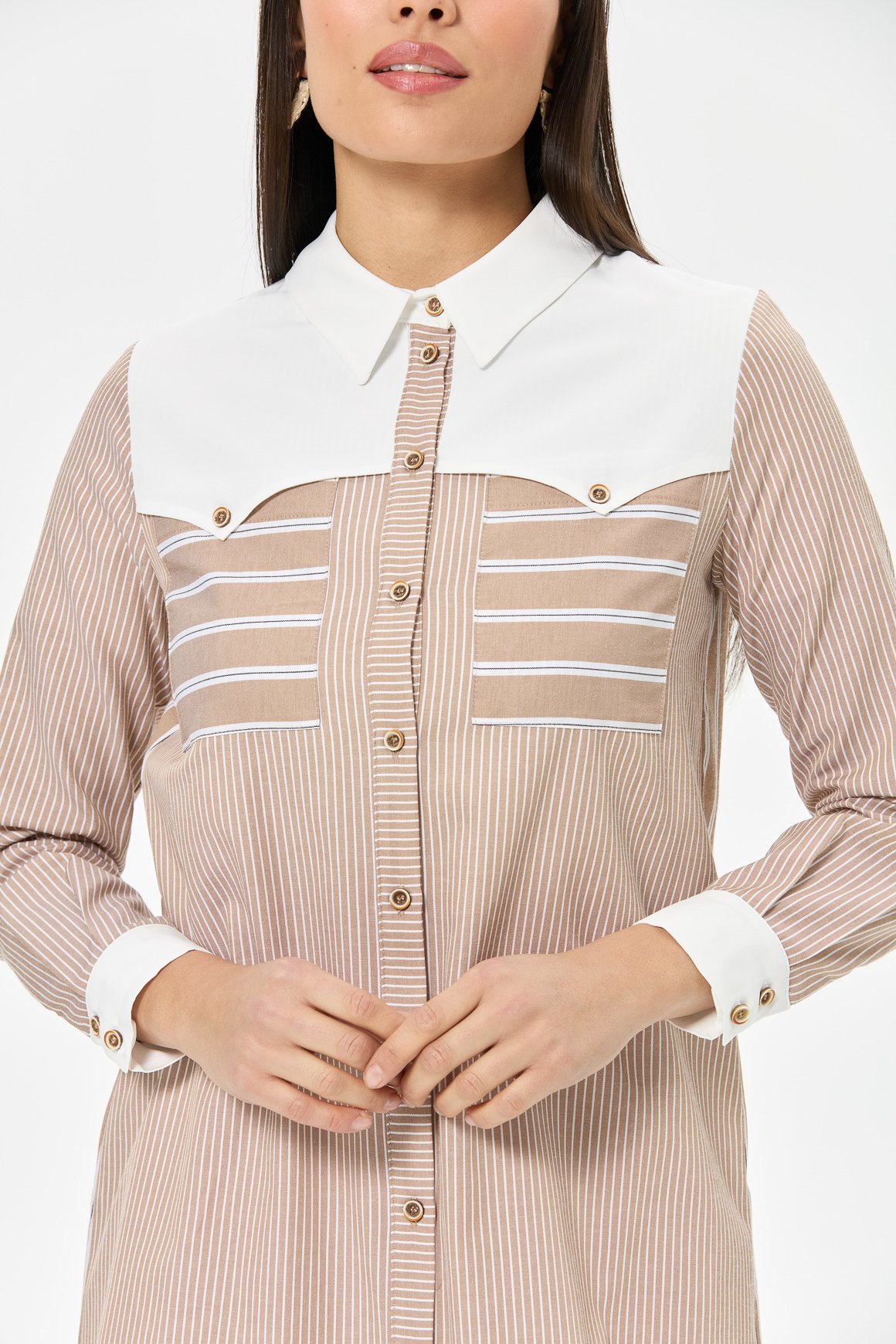 Kombin Detaylı Çizgili Tunik  Vizon