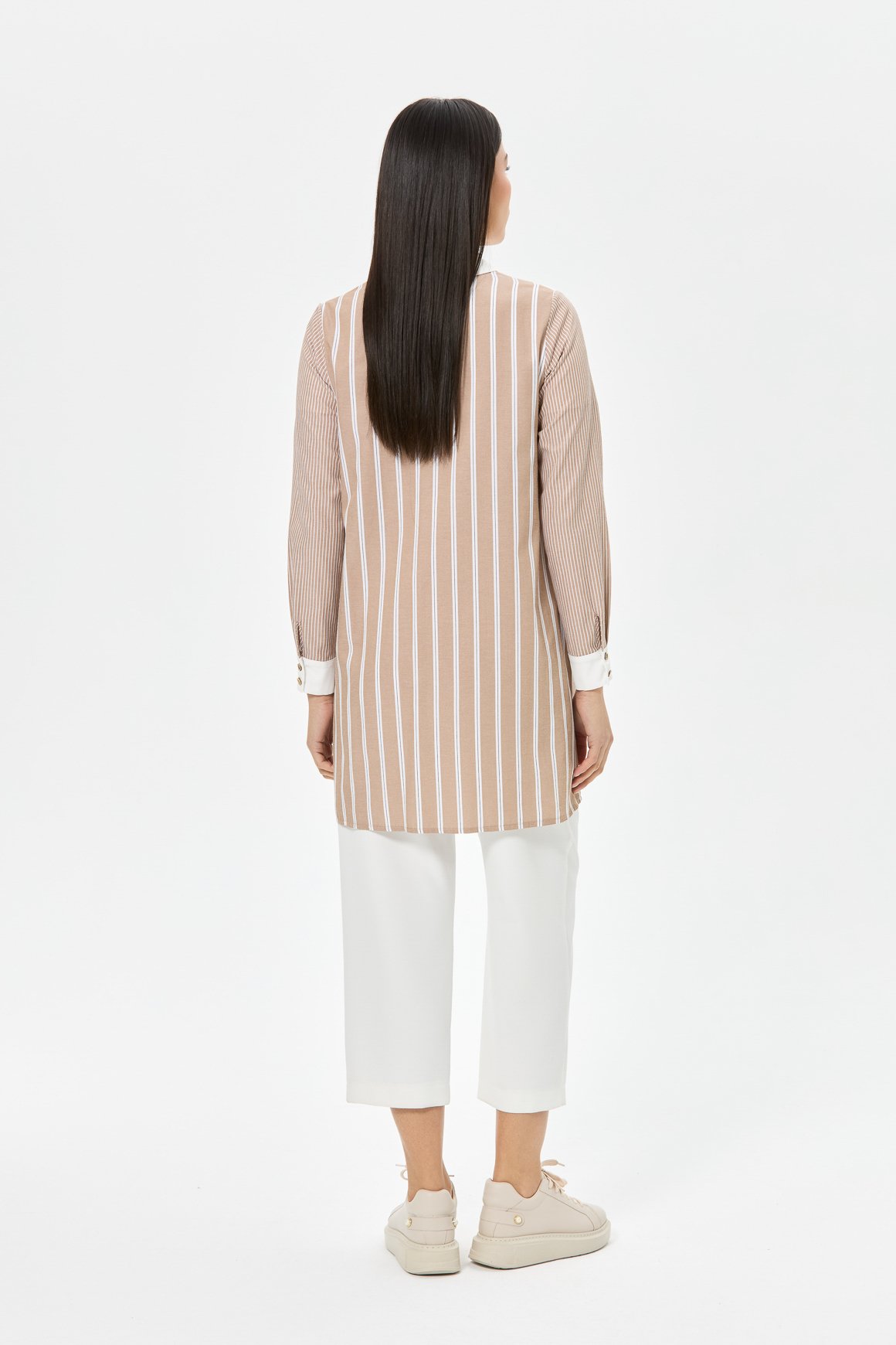 Kombin Detaylı Çizgili Tunik  Vizon