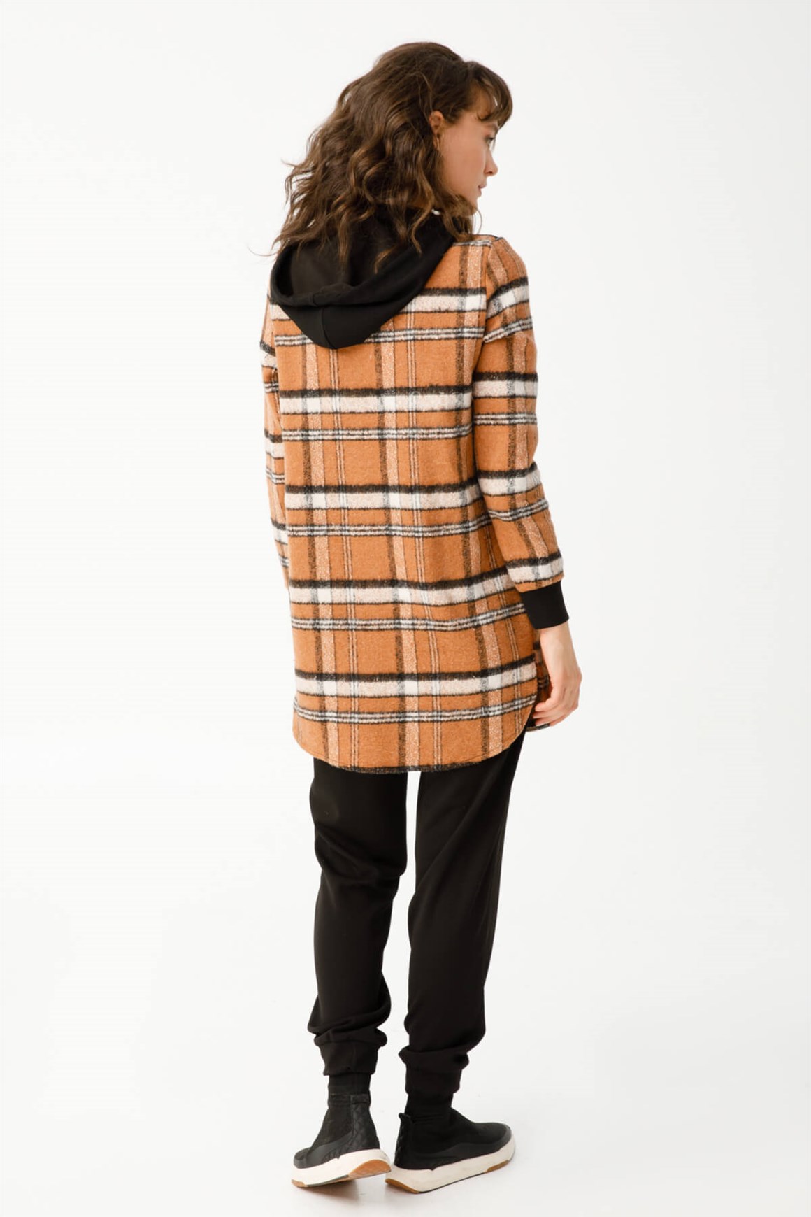 Kombinli Kapişonlu Ekose Oduncu Tunik  Taba