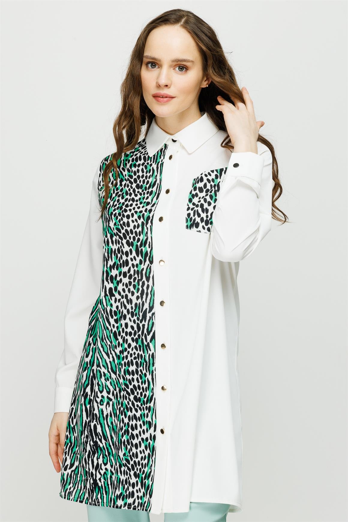 Leopar Baskı Detaylı Şık Tunik  Yeşil