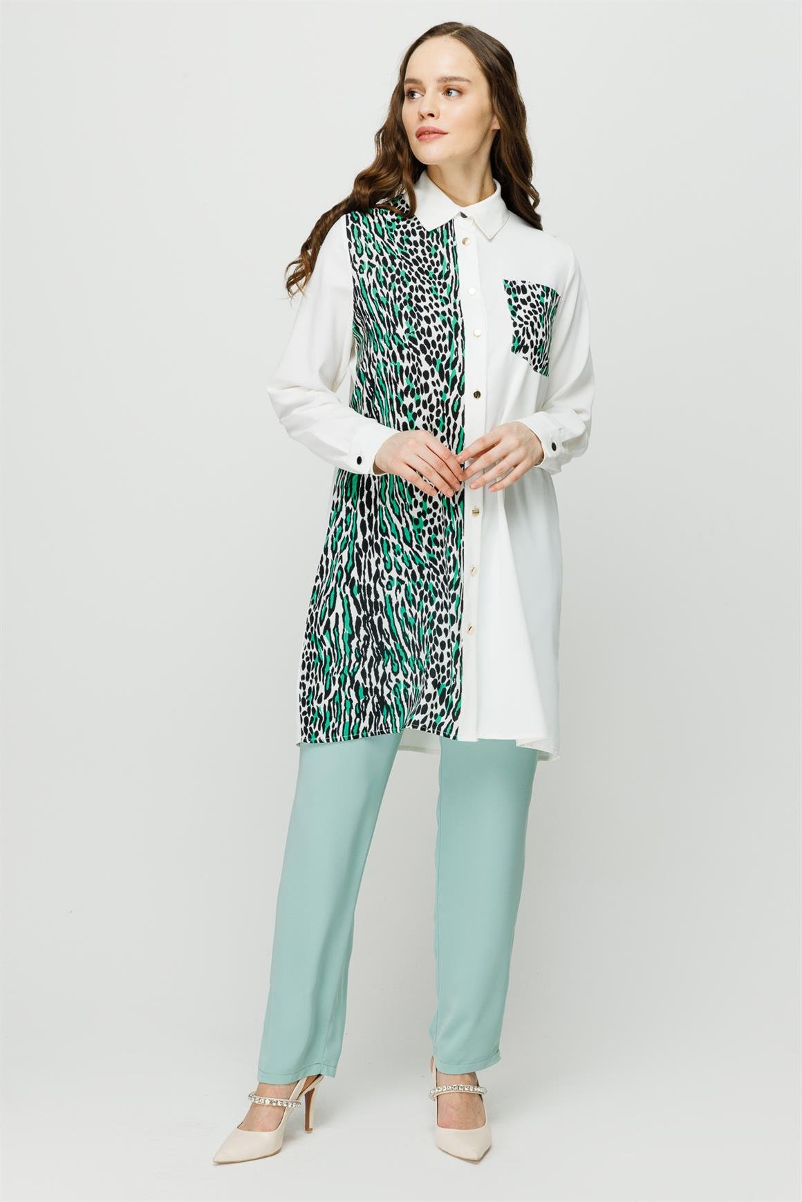 Leopar Baskı Detaylı Şık Tunik  Yeşil
