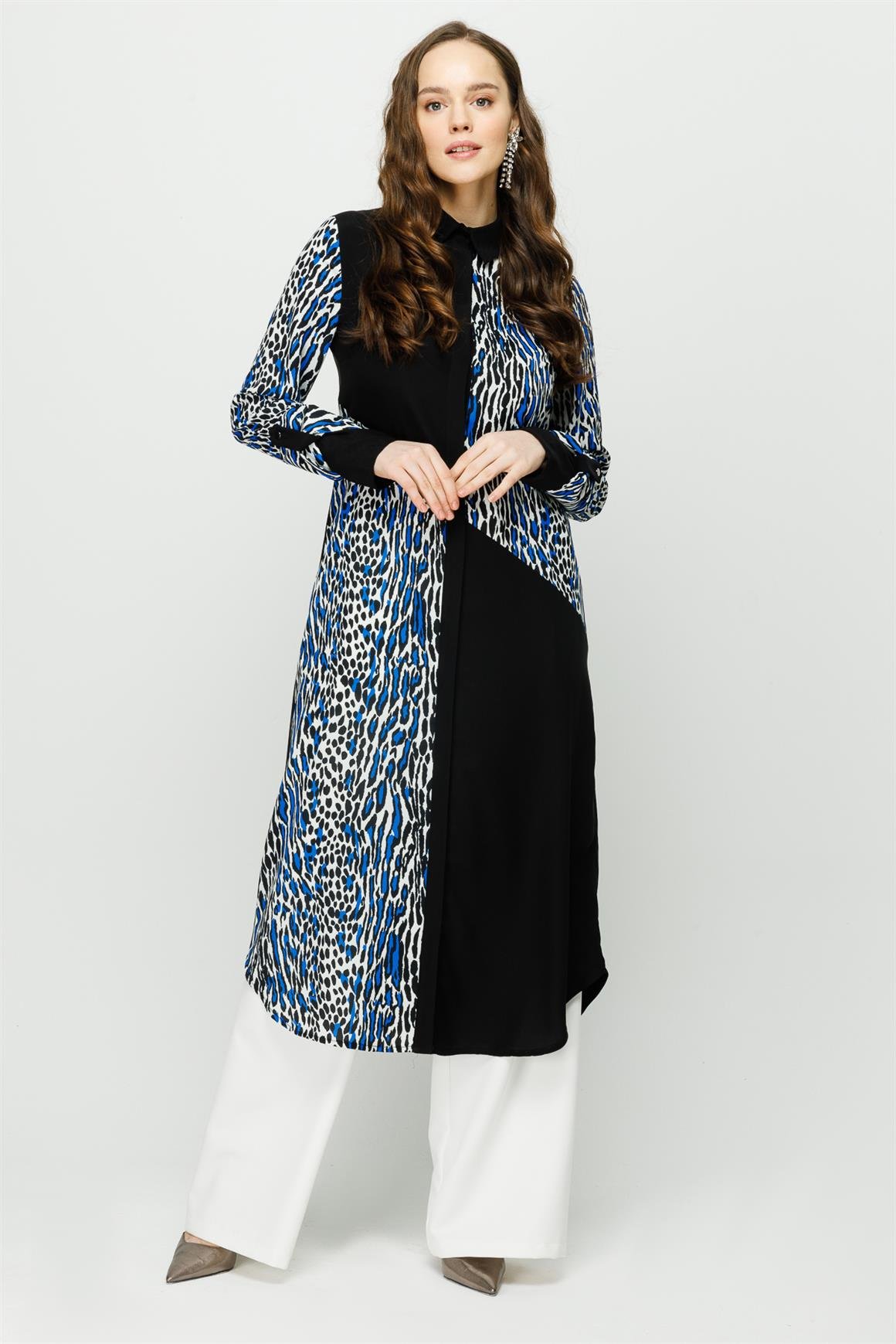 Leopar Baskılı Uzun Kurtarıcı Tunik  Saks