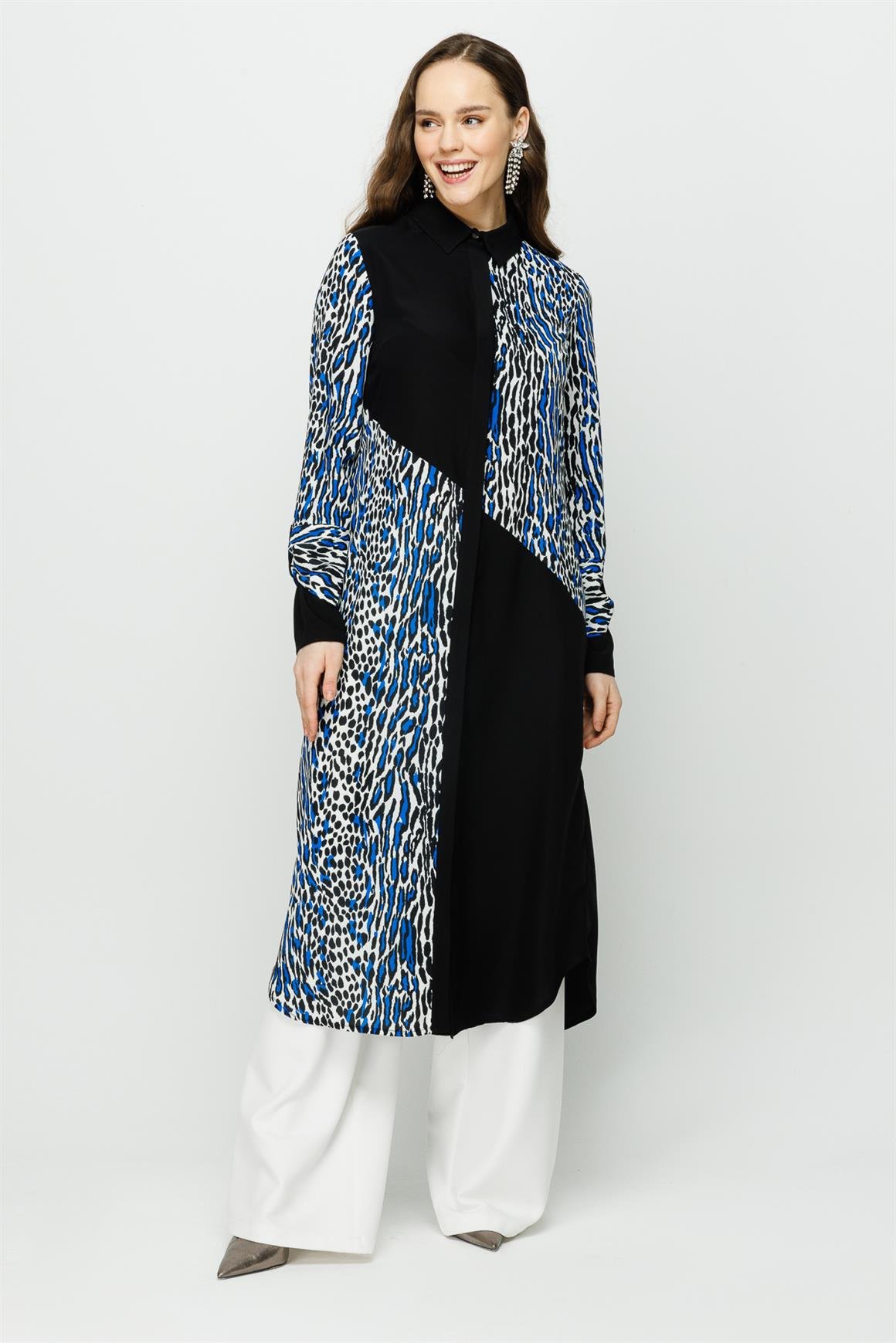 Leopar Baskılı Uzun Kurtarıcı Tunik  Saks