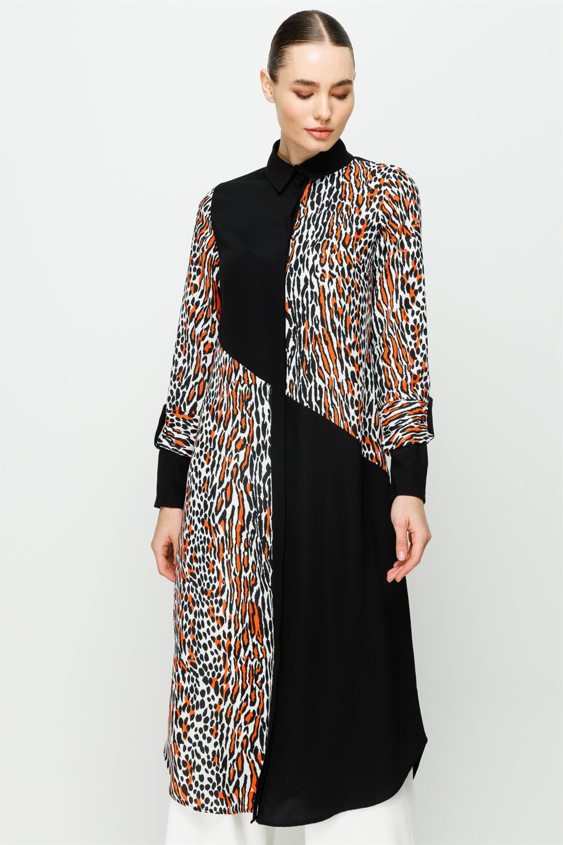 Leopar Baskılı Uzun Kurtarıcı Tunik  Oranj