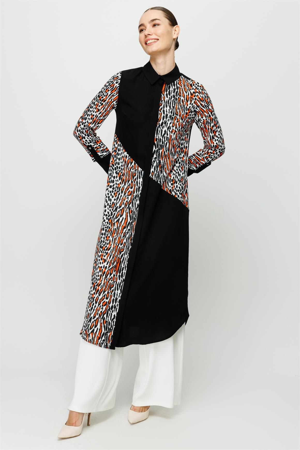 Leopar Baskılı Uzun Kurtarıcı Tunik  Oranj