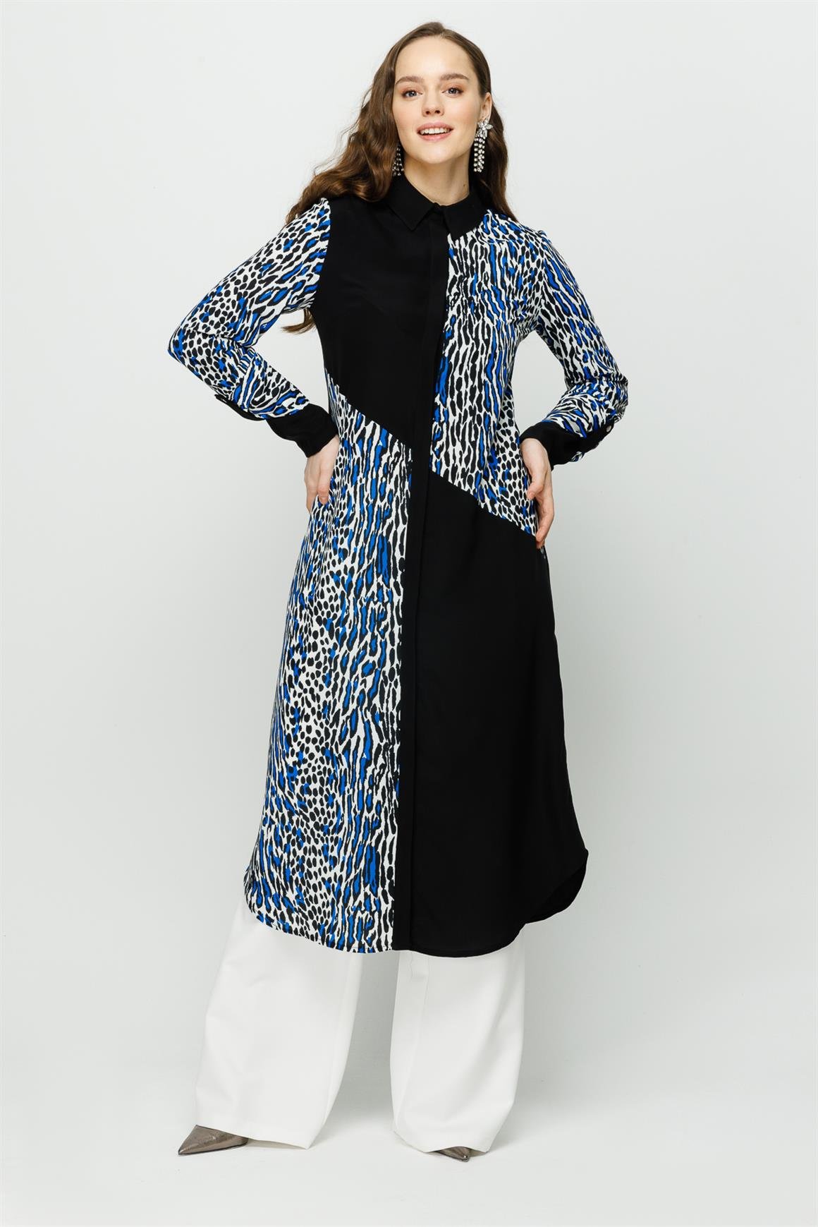 Leopar Baskılı Uzun Kurtarıcı Tunik  Saks