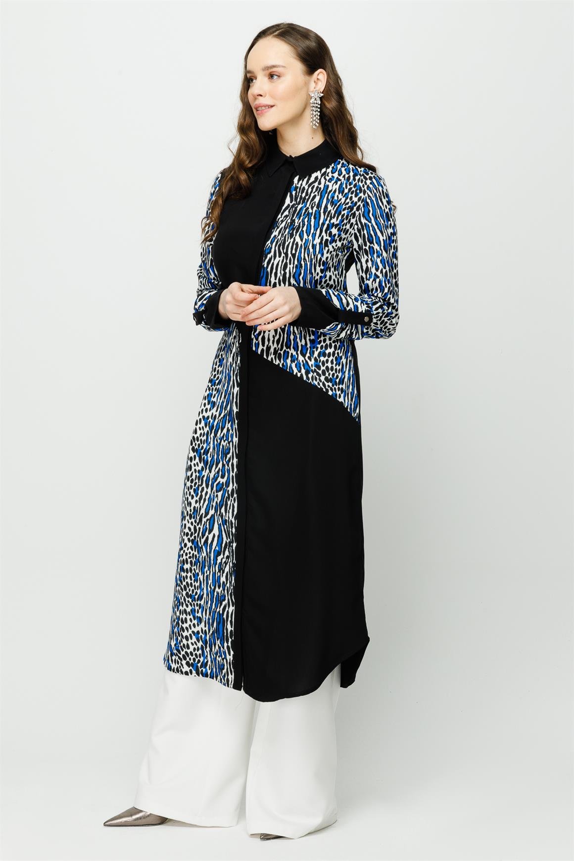 Leopar Baskılı Uzun Kurtarıcı Tunik  Saks