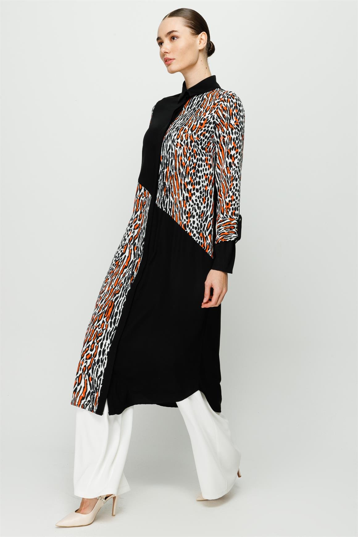 Leopar Baskılı Uzun Kurtarıcı Tunik  Oranj