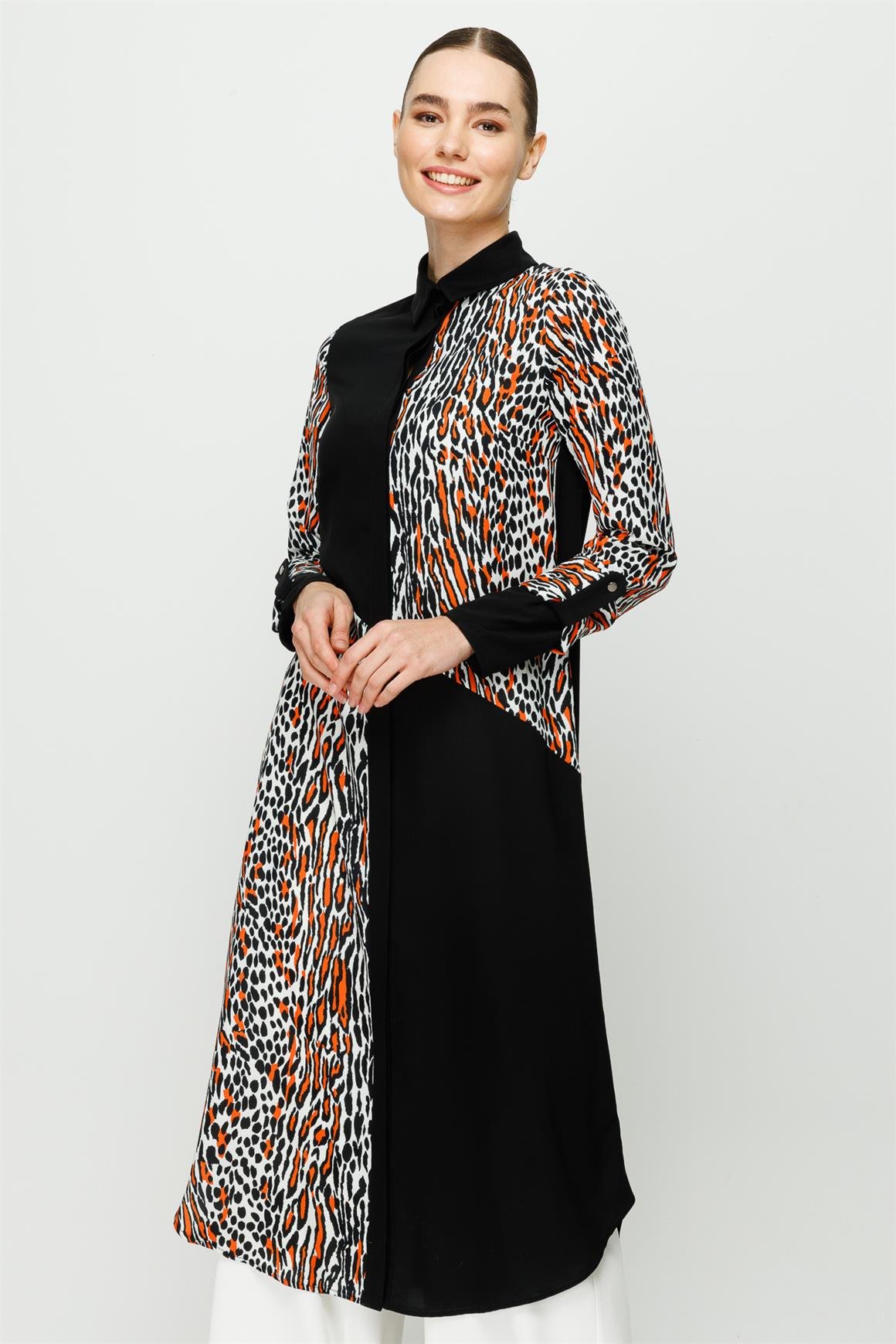 Leopar Baskılı Uzun Kurtarıcı Tunik  Oranj